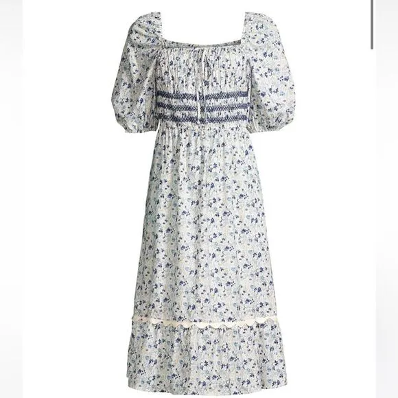 NWT Johnny Was Camille Smocked Floral-Print blue and white Midi Dress Sz S