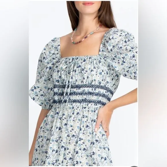 NWT Johnny Was Camille Smocked Floral-Print blue and white Midi Dress Sz S