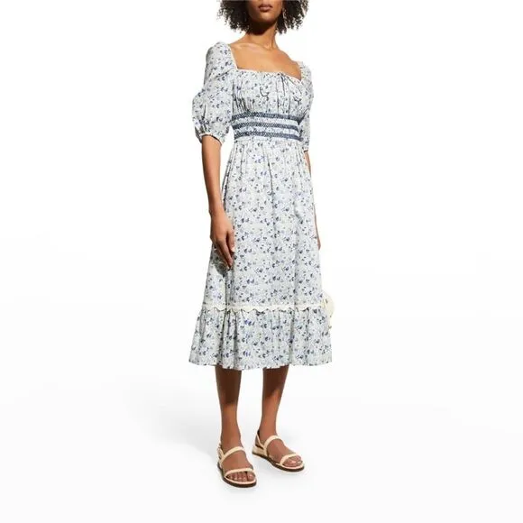 NWT Johnny Was Camille Smocked Floral-Print blue and white Midi Dress Sz S