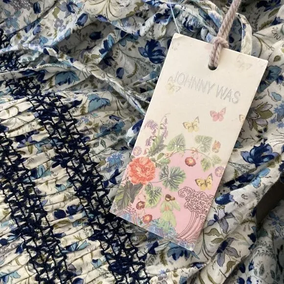 NWT Johnny Was Camille Smocked Floral-Print blue and white Midi Dress Sz S
