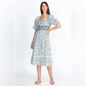 NWT Johnny Was Camille Smocked Floral-Print blue and white Midi Dress Sz S