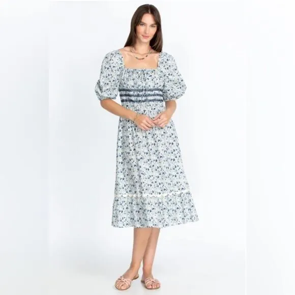 NWT Johnny Was Camille Smocked Floral-Print blue and white Midi Dress Sz S