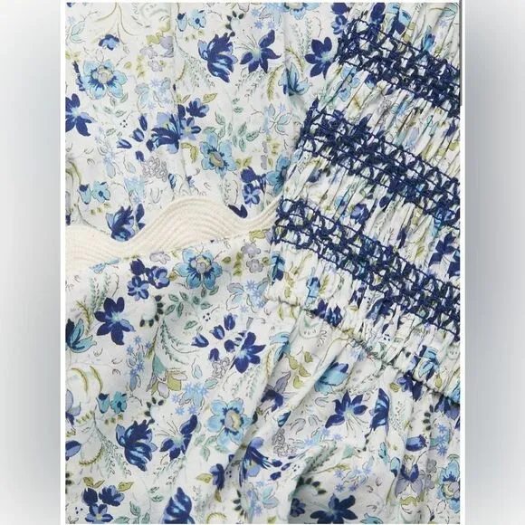 NWT Johnny Was Camille Smocked Floral-Print blue and white Midi Dress Sz S