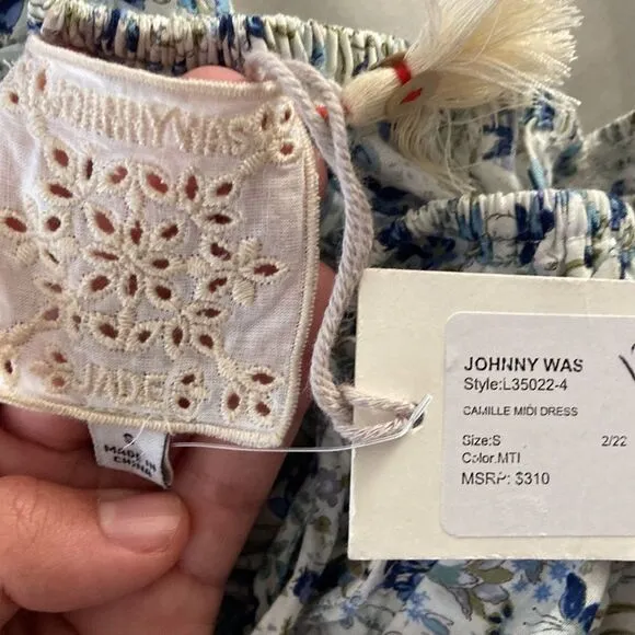 NWT Johnny Was Camille Smocked Floral-Print blue and white Midi Dress Sz S