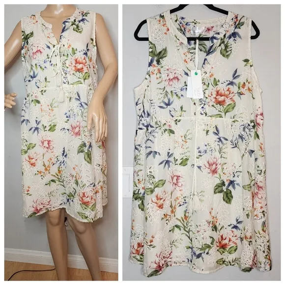 NWT Johnny Was Jade Caprice Lace Up Sleeveless Mini Dress Silk Cotton Large.