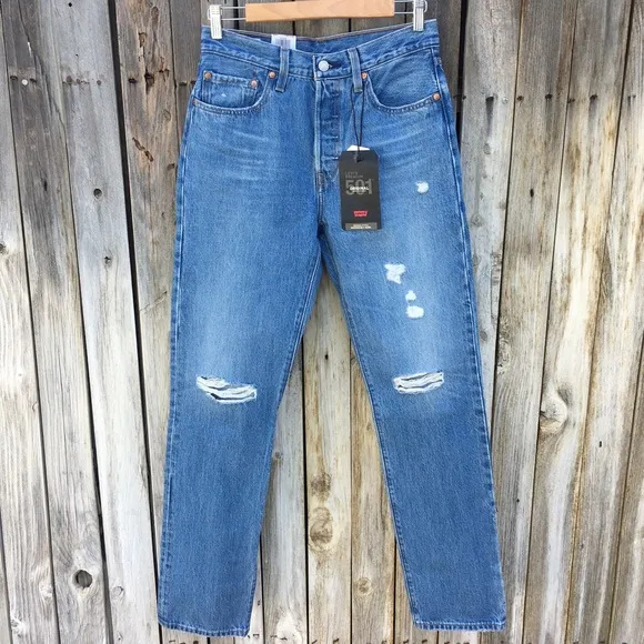 NWT Levi’s 501 High Rise Straight Leg Distressed Jean Athens Crown Blue 27