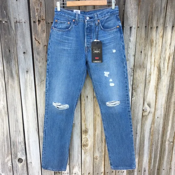 NWT Levi’s 501 High Rise Straight Leg Distressed Jean Athens Crown Blue 27