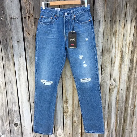 NWT Levi’s 501 High Rise Straight Leg Distressed Jean Athens Crown Blue 27