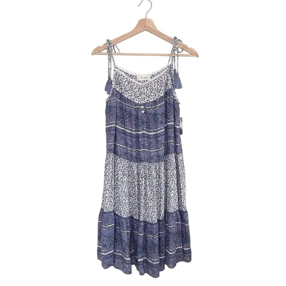 NWT Lucky Brand Tiered Mixed Floral Print Tassel Tie Strap Boho Sundress Small