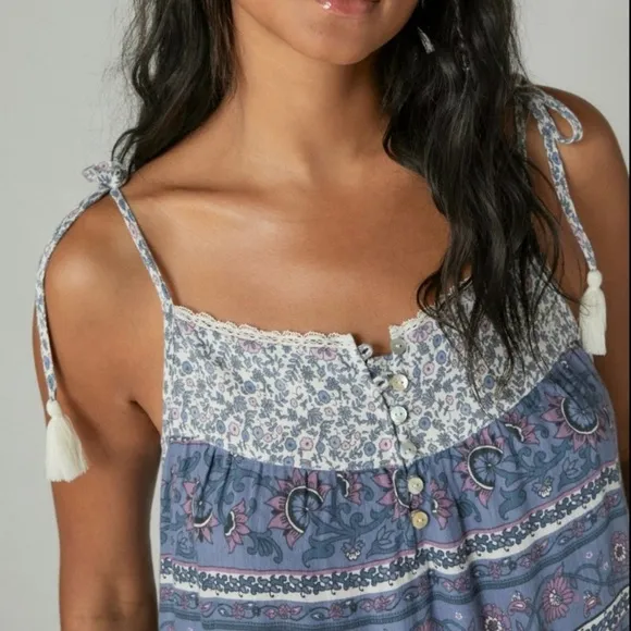 NWT Lucky Brand Tiered Mixed Floral Print Tassel Tie Strap Boho Sundress Small