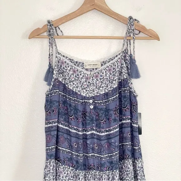 NWT Lucky Brand Tiered Mixed Floral Print Tassel Tie Strap Boho Sundress Small