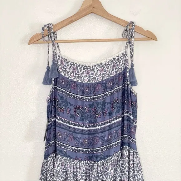 NWT Lucky Brand Tiered Mixed Floral Print Tassel Tie Strap Boho Sundress Small