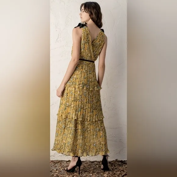 NWT Lulu's Such Sophistication Yellow Floral Print Pleated Maxi Dress Size XS