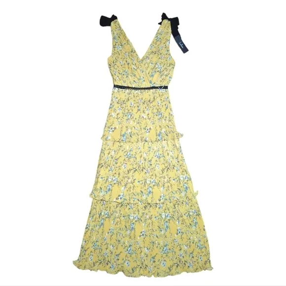 NWT Lulu's Such Sophistication Yellow Floral Print Pleated Maxi Dress Size XS