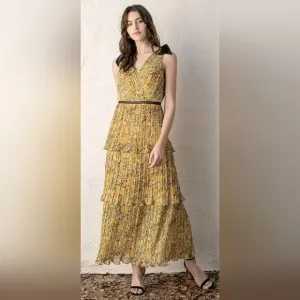 NWT Lulu's Such Sophistication Yellow Floral Print Pleated Maxi Dress Size XS