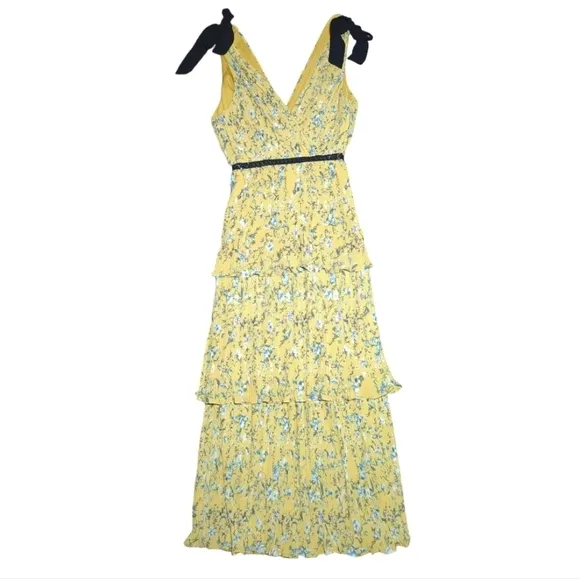 NWT Lulu's Such Sophistication Yellow Floral Print Pleated Maxi Dress Size XS