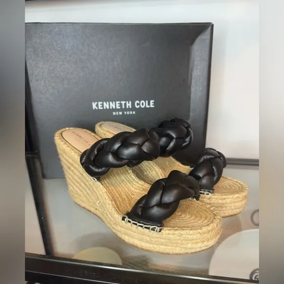 NWT NIB Kenneth Cole Olivia Braid Braided Open Toe Wedge Sandals Black Size 8.5