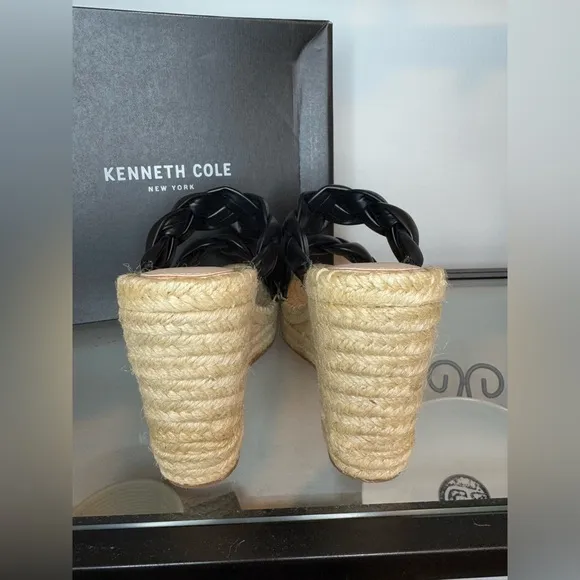 NWT NIB Kenneth Cole Olivia Braid Braided Open Toe Wedge Sandals Black Size 8.5