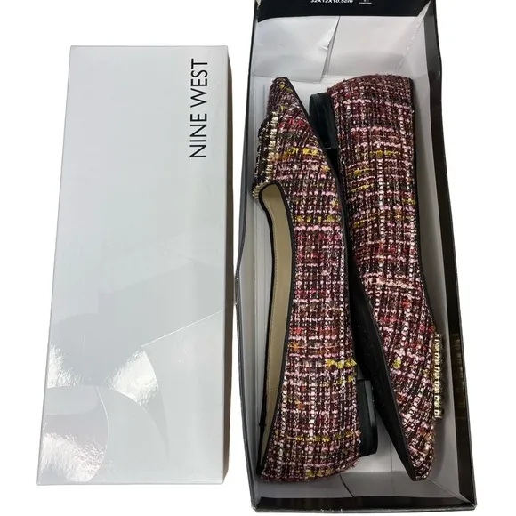 NWT Nine West Tweed &amp; Rhinestone Buckle Flats - Plaid, Chic, Preppy - SIZE 9