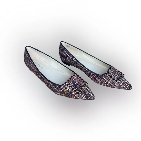 NWT Nine West Tweed &amp; Rhinestone Buckle Flats - Plaid, Chic, Preppy - SIZE 9