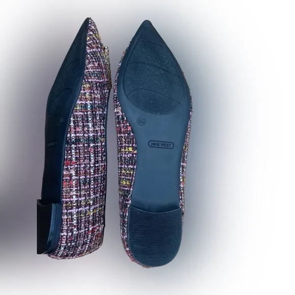 NWT Nine West Tweed &amp; Rhinestone Buckle Flats - Plaid, Chic, Preppy - SIZE 9