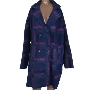 NWT NVLT Womens Coat Navy Blue/Multi Size M Eyelash Knit Plaid Double Breasted