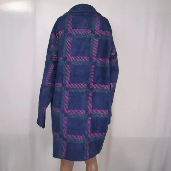 NWT NVLT Womens Coat Navy Blue/Multi Size M Eyelash Knit Plaid Double Breasted