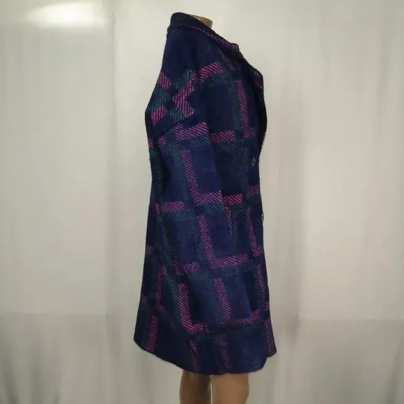 NWT NVLT Womens Coat Navy Blue/Multi Size M Eyelash Knit Plaid Double Breasted