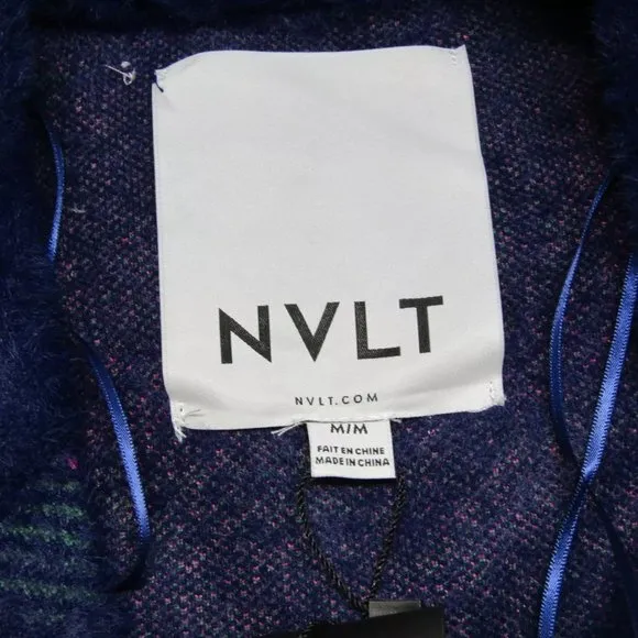 NWT NVLT Womens Coat Navy Blue/Multi Size M Eyelash Knit Plaid Double Breasted