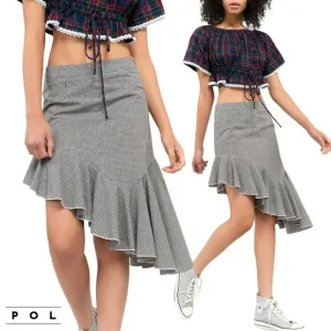 NWT POL Asymmetrical Ruffle Hem Gingham Cotton Mini Skirt