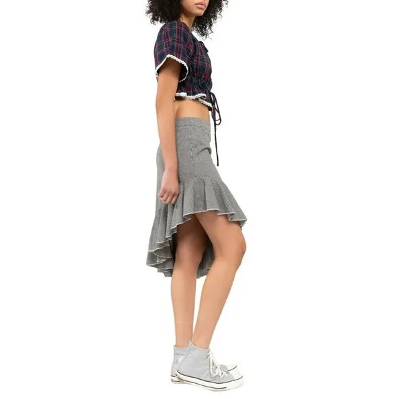 NWT POL Asymmetrical Ruffle Hem Gingham Cotton Mini Skirt