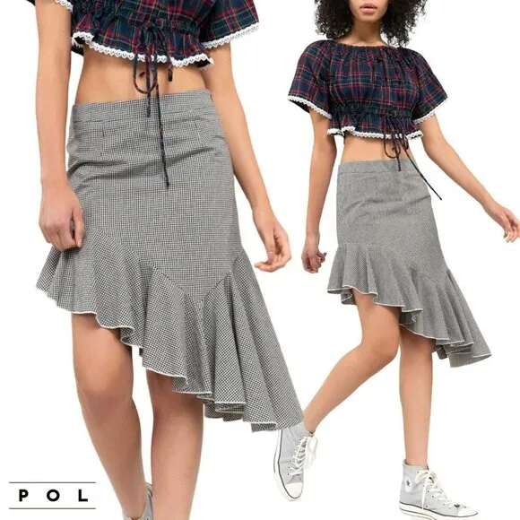 NWT POL Asymmetrical Ruffle Hem Gingham Cotton Mini Skirt