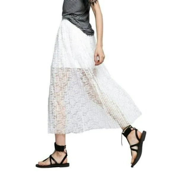 NWT POL Boho Pleated Floral Lace Overlay Midi Skirt