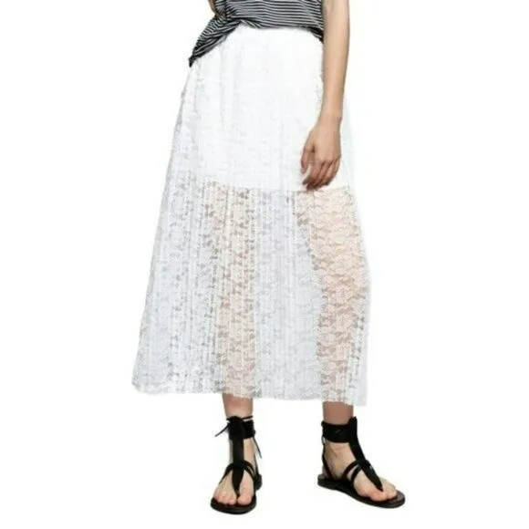 NWT POL Boho Pleated Floral Lace Overlay Midi Skirt