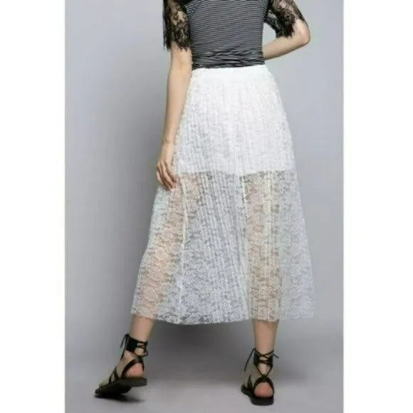 NWT POL Boho Pleated Floral Lace Overlay Midi Skirt