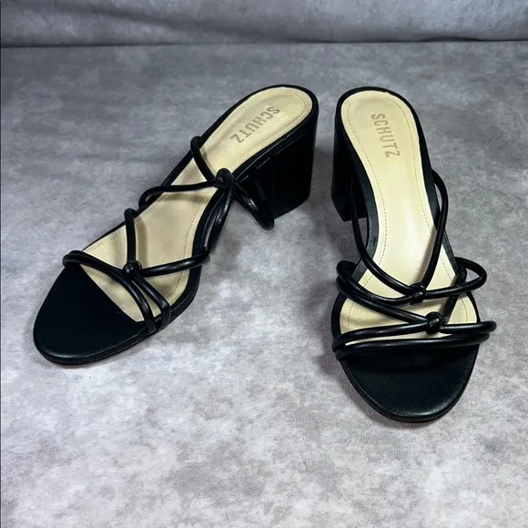 NWT Schutz Princey Black Strappy Women's Sz US 10B Leather Heeled Sandal