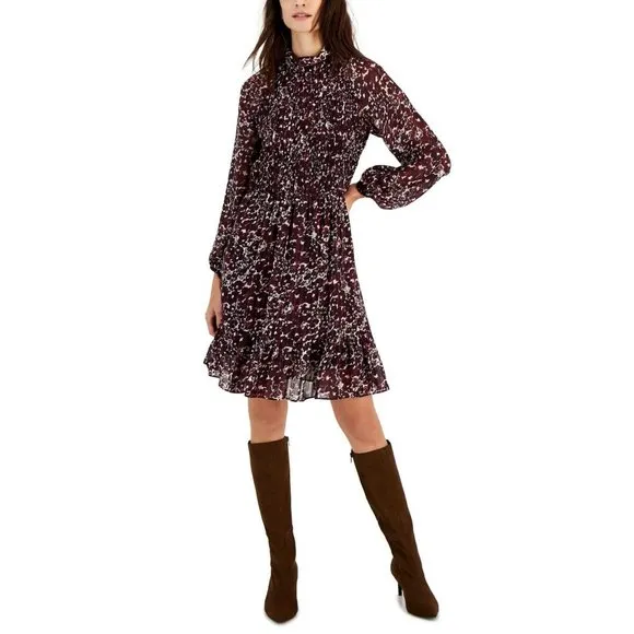 NWT Taylor Mock-Neck Smocked Long-Sleeve Dress 3016M 14 Mauve Plum Purple