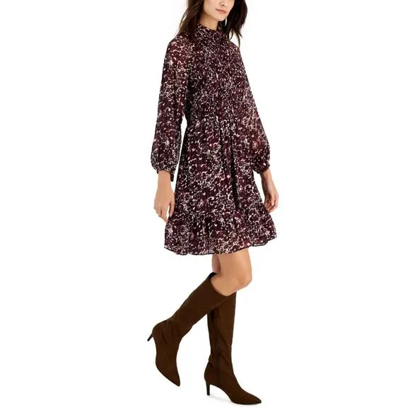 NWT Taylor Mock-Neck Smocked Long-Sleeve Dress 3016M 14 Mauve Plum Purple