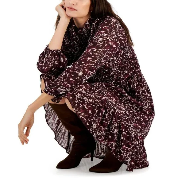 NWT Taylor Mock-Neck Smocked Long-Sleeve Dress 3016M 14 Mauve Plum Purple