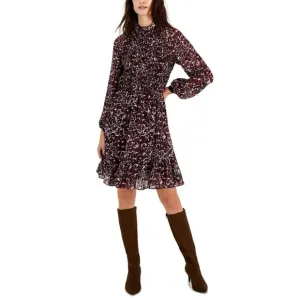 NWT Taylor Mock-Neck Smocked Long-Sleeve Dress 3016M 14 Mauve Plum Purple