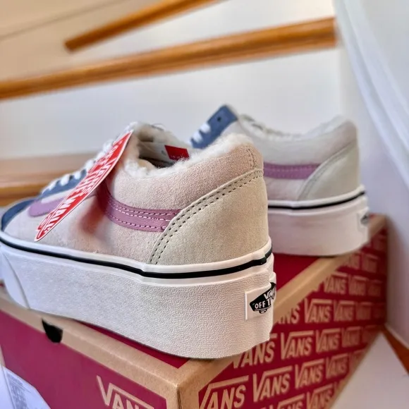 NWT Vans Old Skool Stackform Platform Pig Suede Sherpa Pink Blue Multi Sneakers