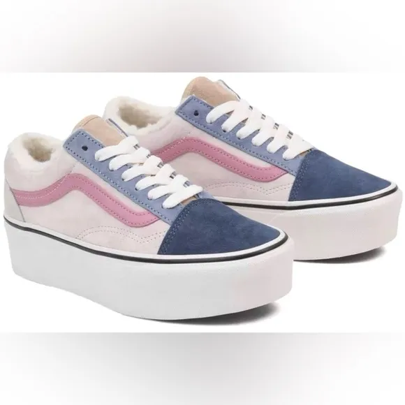 NWT Vans Old Skool Stackform Platform Pig Suede Sherpa Pink Blue Multi Sneakers