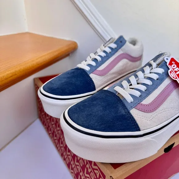 NWT Vans Old Skool Stackform Platform Pig Suede Sherpa Pink Blue Multi Sneakers