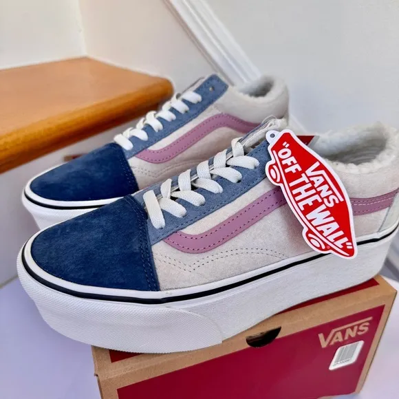 NWT Vans Old Skool Stackform Platform Pig Suede Sherpa Pink Blue Multi Sneakers