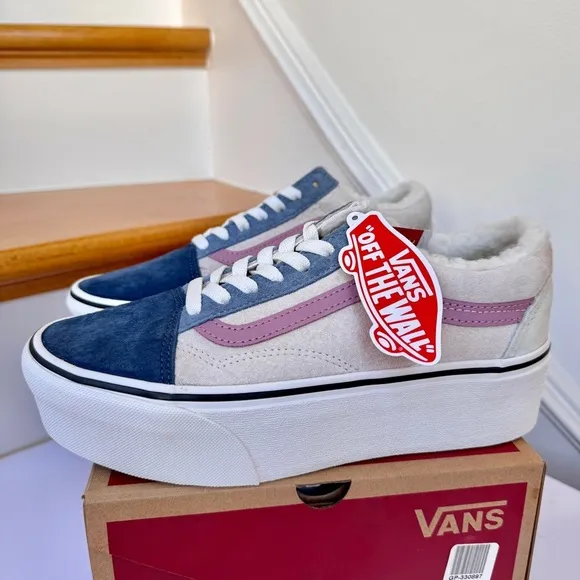 NWT Vans Old Skool Stackform Platform Pig Suede Sherpa Pink Blue Multi Sneakers