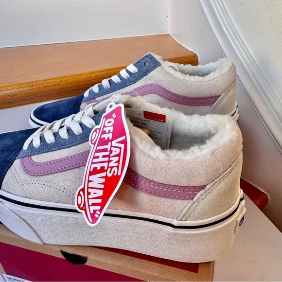 NWT Vans Old Skool Stackform Platform Pig Suede Sherpa Pink Blue Multi Sneakers