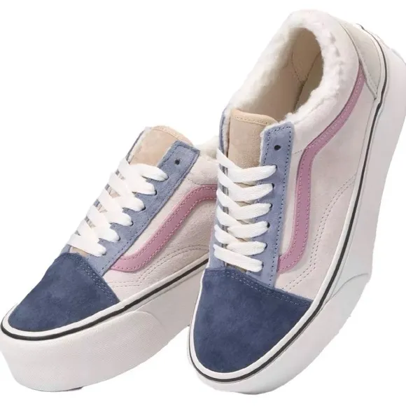 NWT Vans Old Skool Stackform Platform Pig Suede Sherpa Pink Blue Multi Sneakers