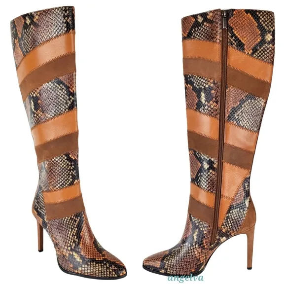 NWT Vince camuto saraalan leather snake print stiletto heel knee high boots