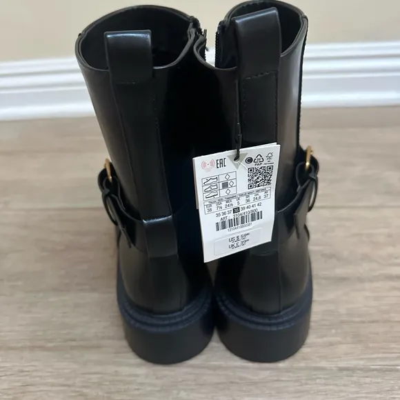 NWT Zara Black Leather Ankle Boots with Gold Buckle