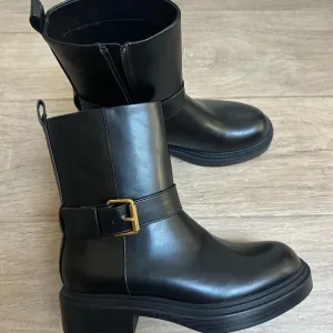 NWT Zara Black Leather Ankle Boots with Gold Buckle